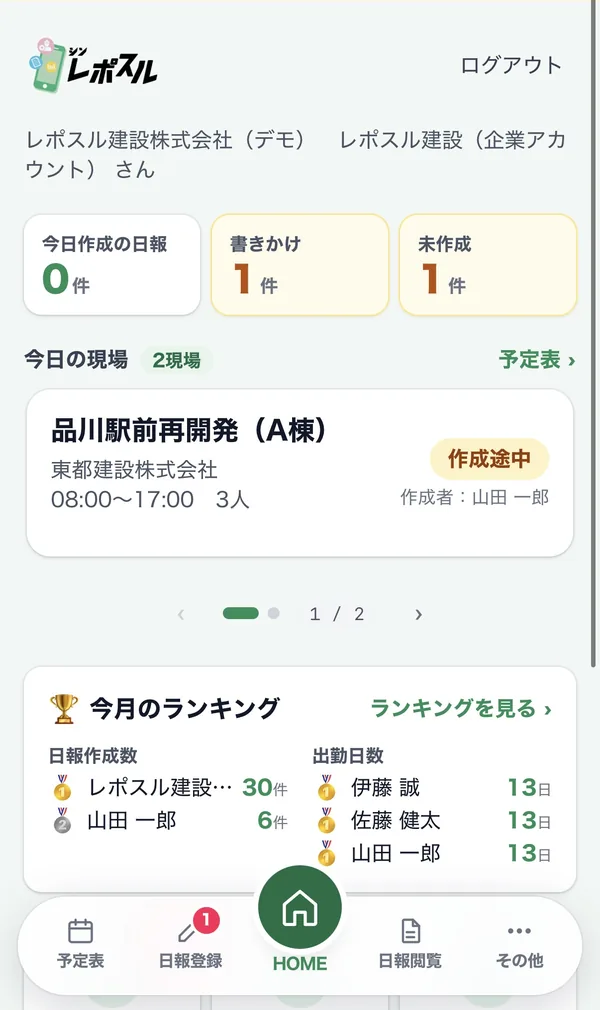 シン・レポスルのホーム画面。今日作成の日報・書きかけ・未作成の件数と、今日の現場が表示されている