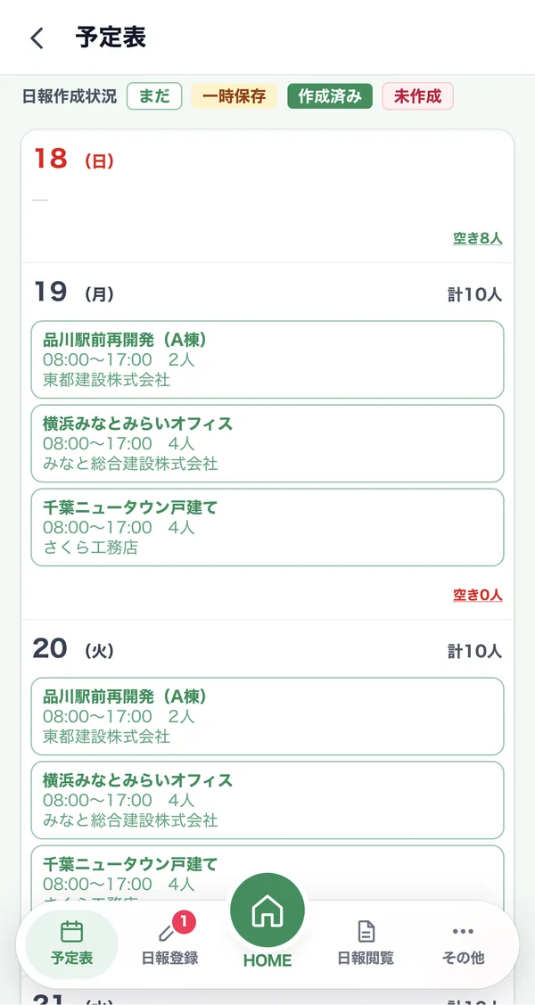 予定表の日ごとの表示。現場ごとの時間・人数・元請けと、空き人数が表示されている